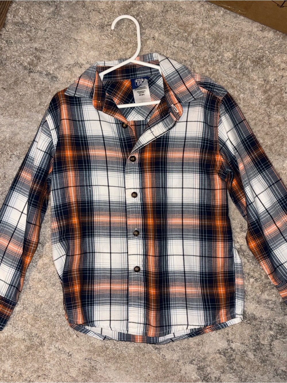 OFFERS OPEN! Boys small 6/7 Route 66 Orange, Navy White Plaid Button-Down Shirt